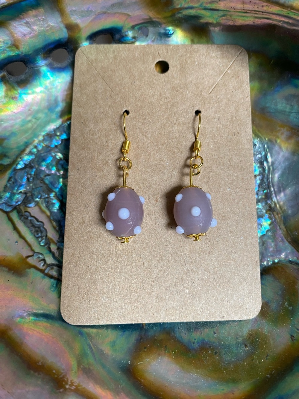 Handmade Pastel Purple Polka Dot Glass Bead Drop Earrings - Gold Hooks